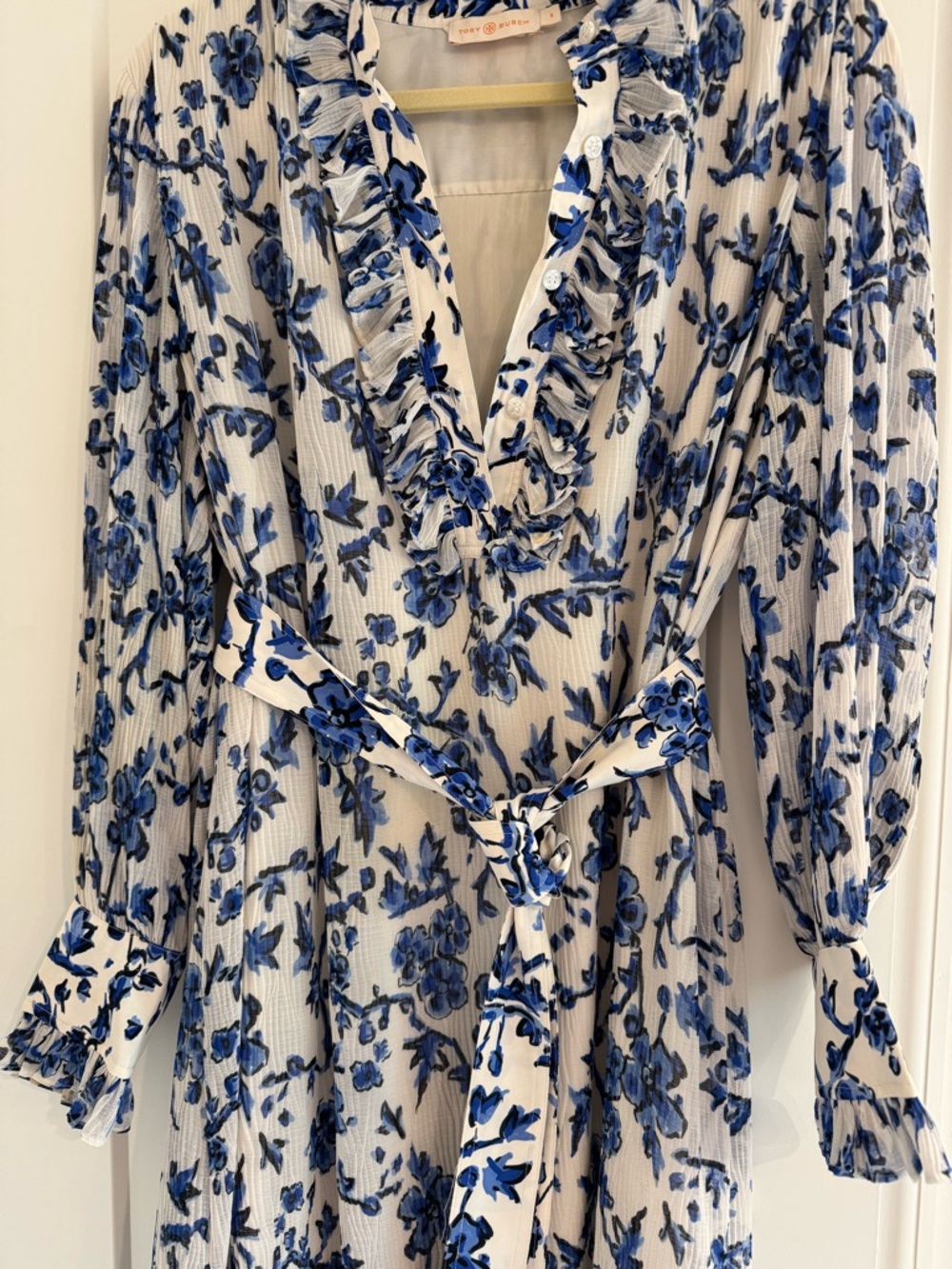 Tory Burch White and Blue Floral Long Sleeve Dress - Picture 4 of 5
